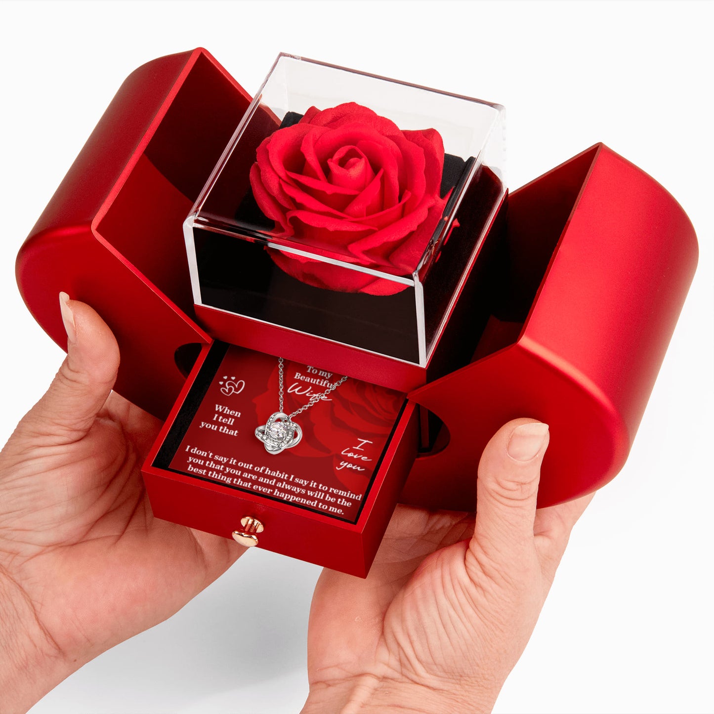 Imagine her smile when she opens this stunning Love Knot Necklace, beautifully paired with a heartfelt message card:
